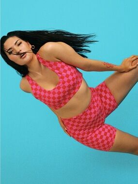 Princess Polly Hot Pink Checkerboard Active Crop Top and Biker Short Set
